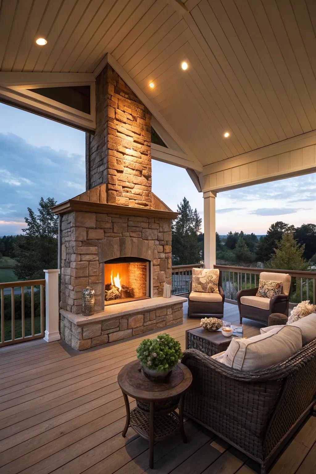 A stone fireplace can be the heart of your rustic back porch, perfect for cozy gatherings.