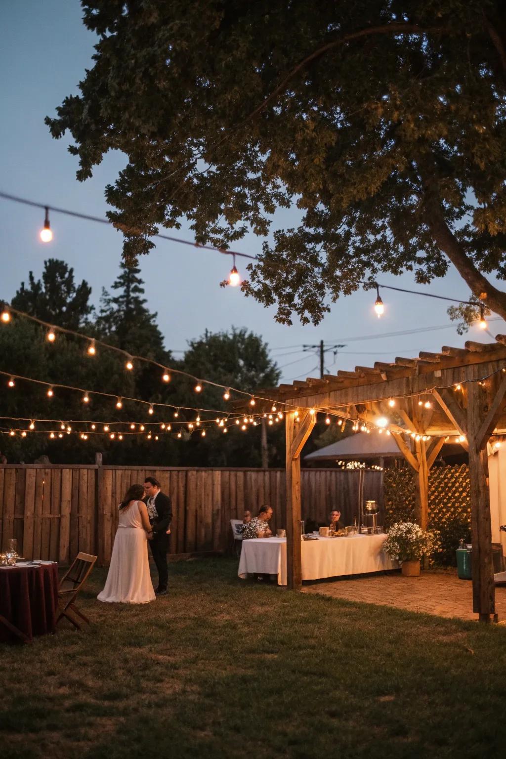 Enchanting string lights illuminating a rustic backyard wedding.