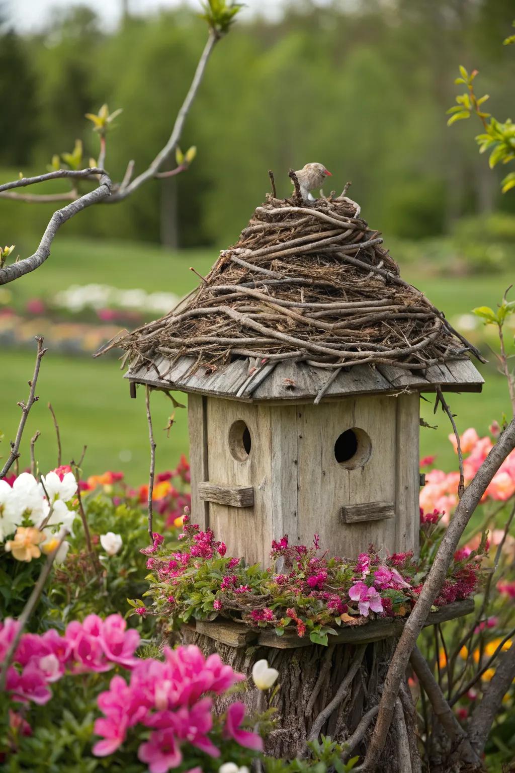 Birdhouse with a whimsical twig roof, perfect for a garden setting.