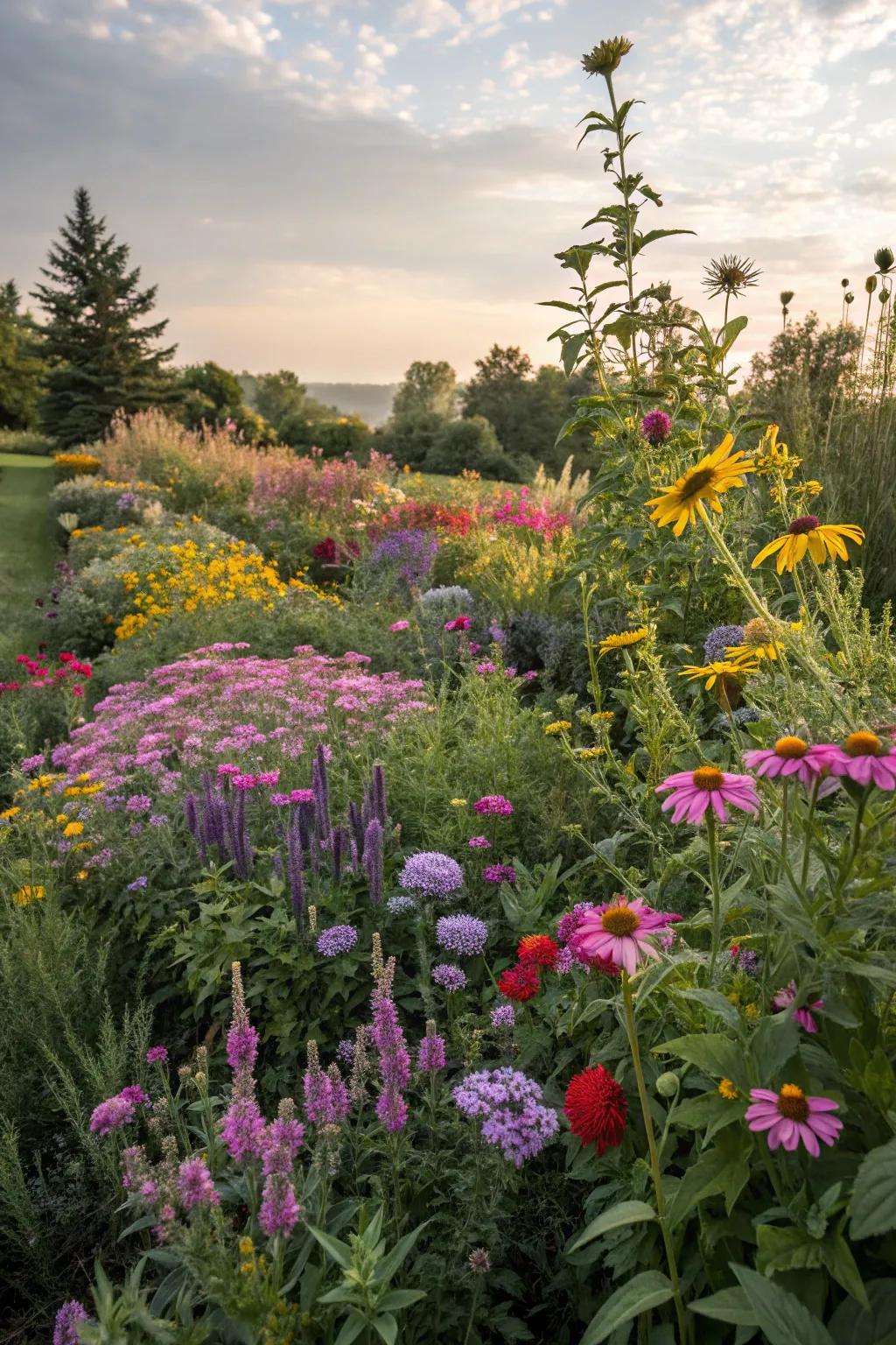 Lush garden bed with colorful wildflowers