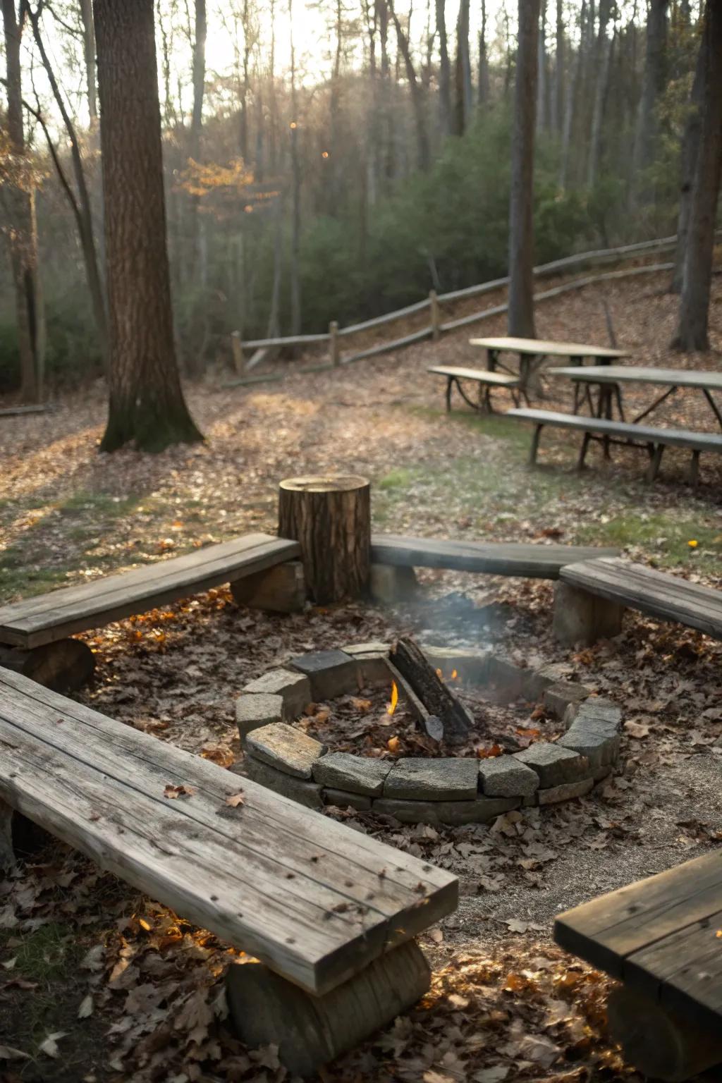 Wooden benches provide a rustic and durable seating option around the fire pit.