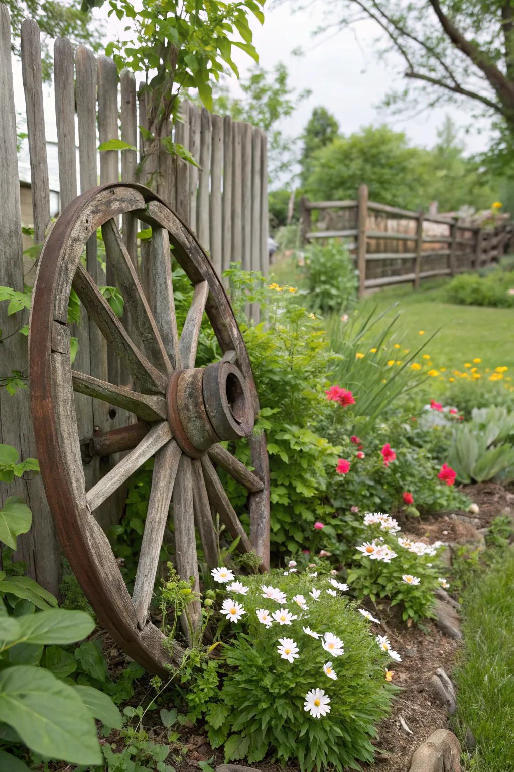 A vintage wagon wheel adds character and nostalgia to this rustic flower bed.