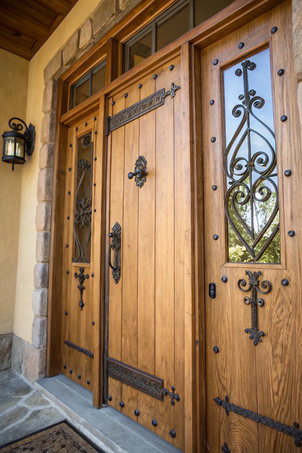 Iron accents add a bold statement to a rustic door.