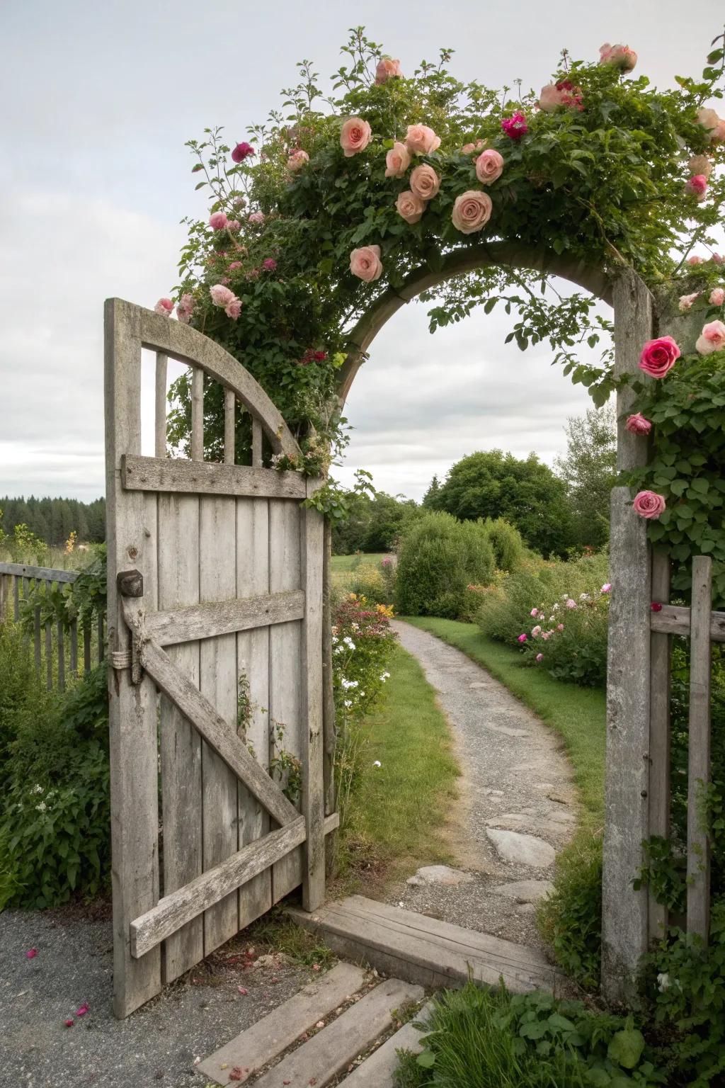 An arched garden gate with climbing roses for a whimsical touch.