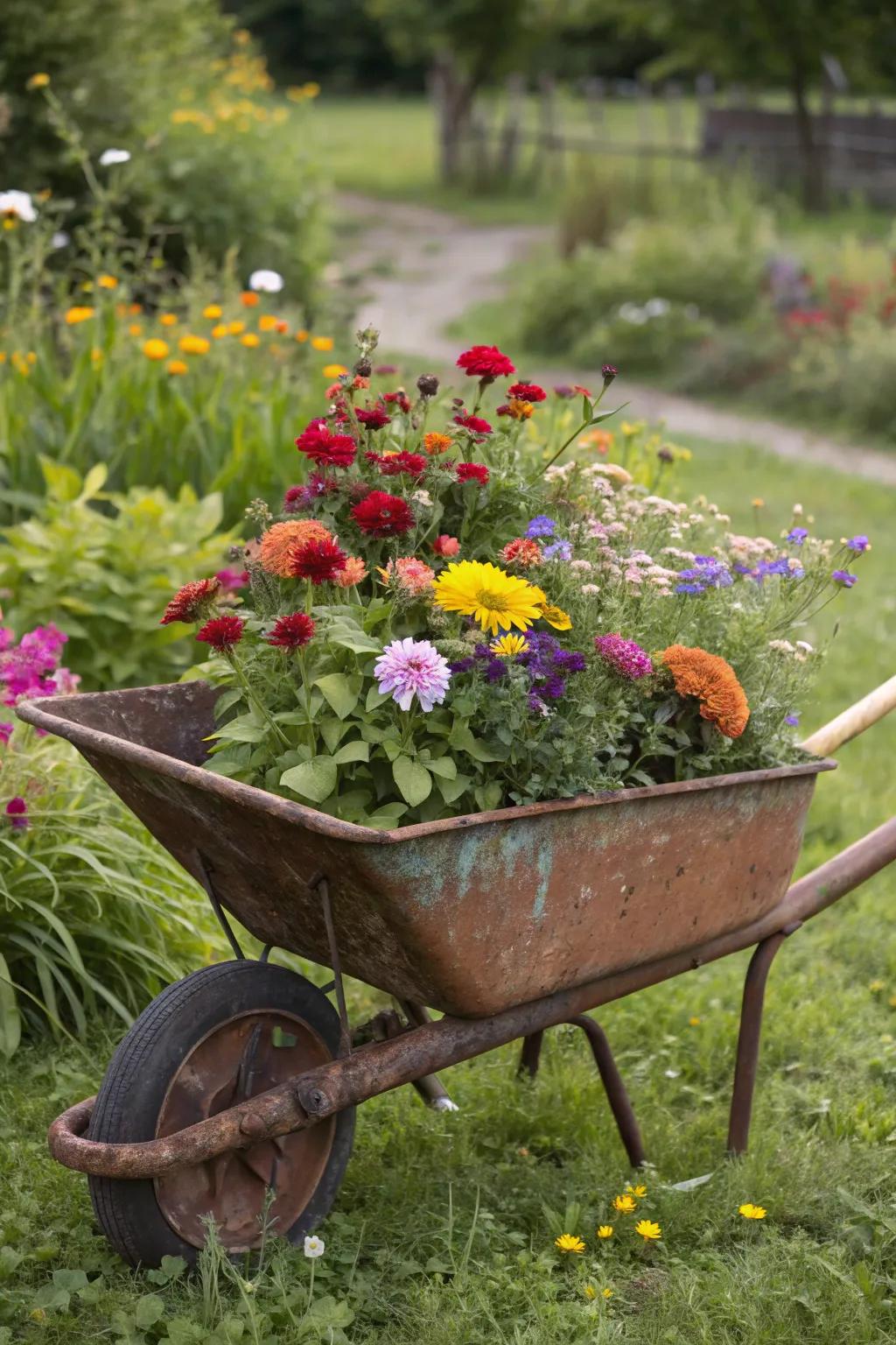 A vintage wheelbarrow planter adds charm and color.