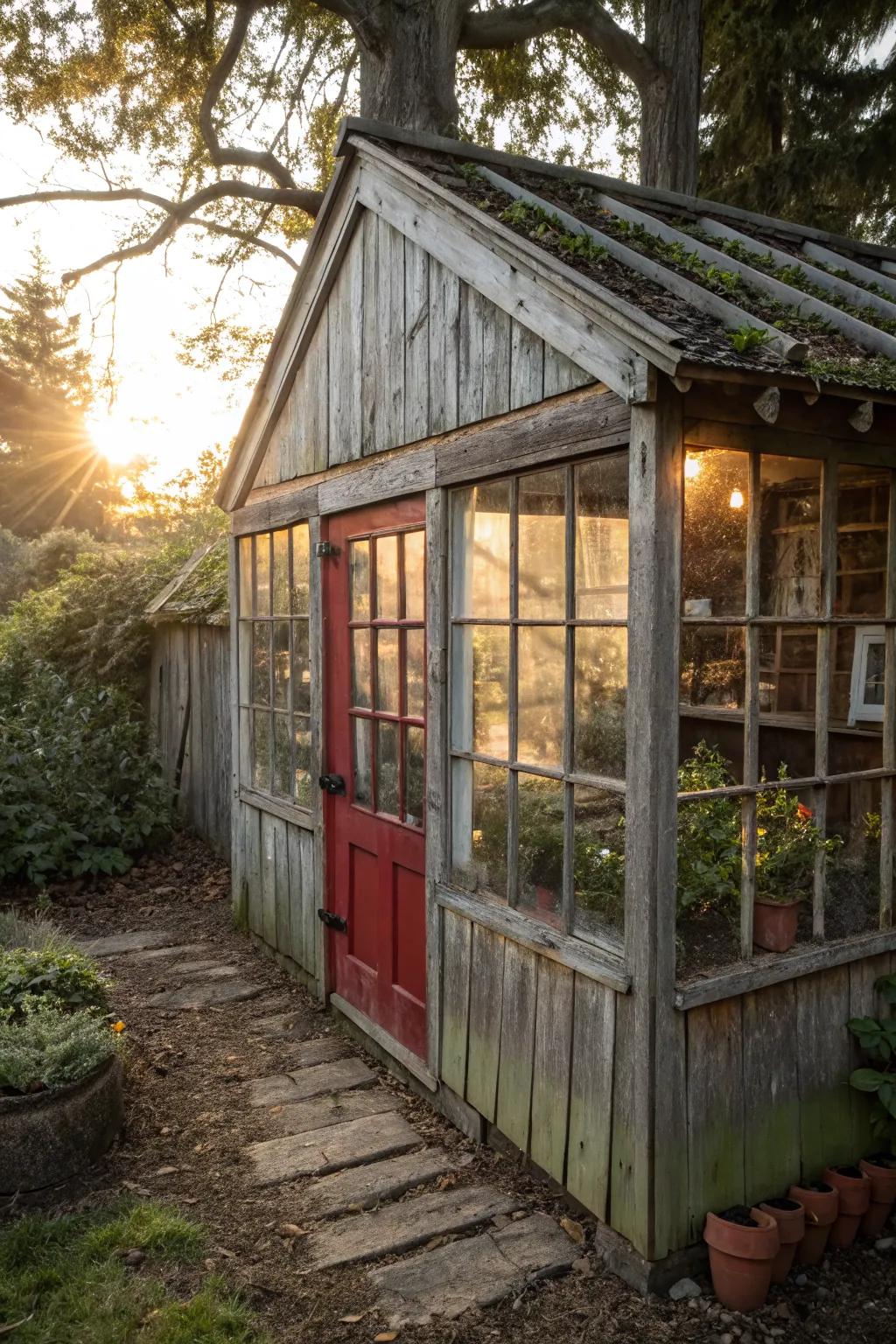 Sunlight streaming through vintage windows adds charm to this rustic shed.