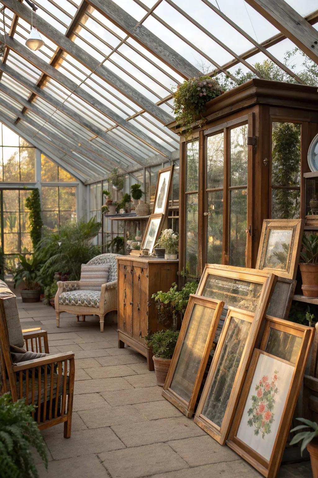 Vintage elements add a nostalgic touch to this rustic greenhouse.