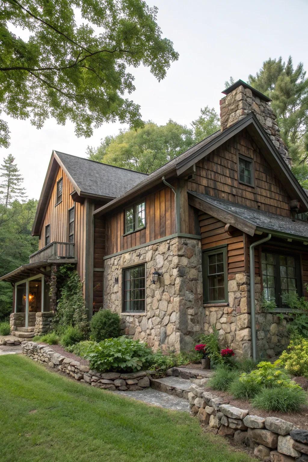 Stone accents enhance the rustic charm of wooden siding.
