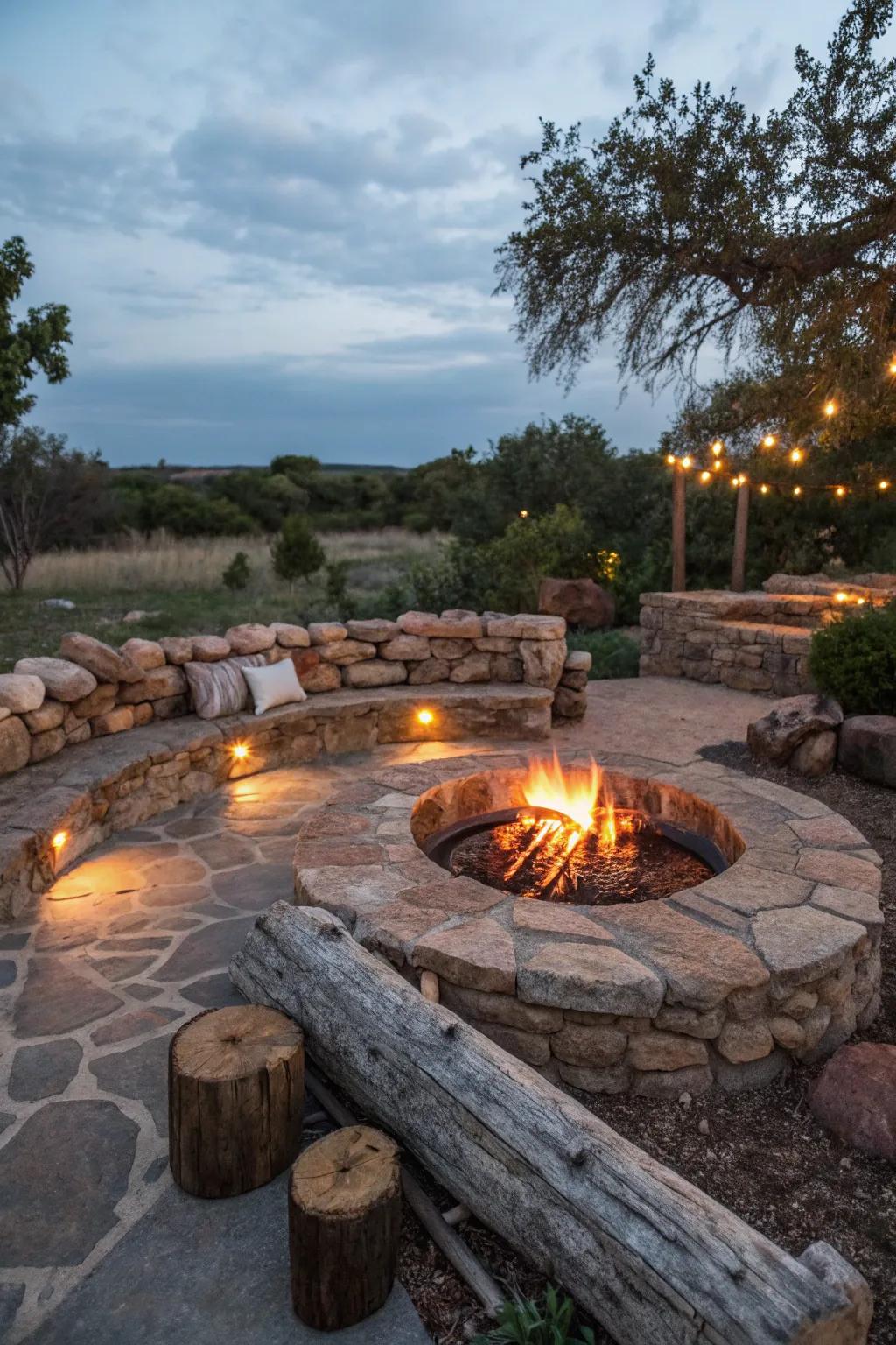 A rustic fire pit creates a warm gathering spot in any backyard.