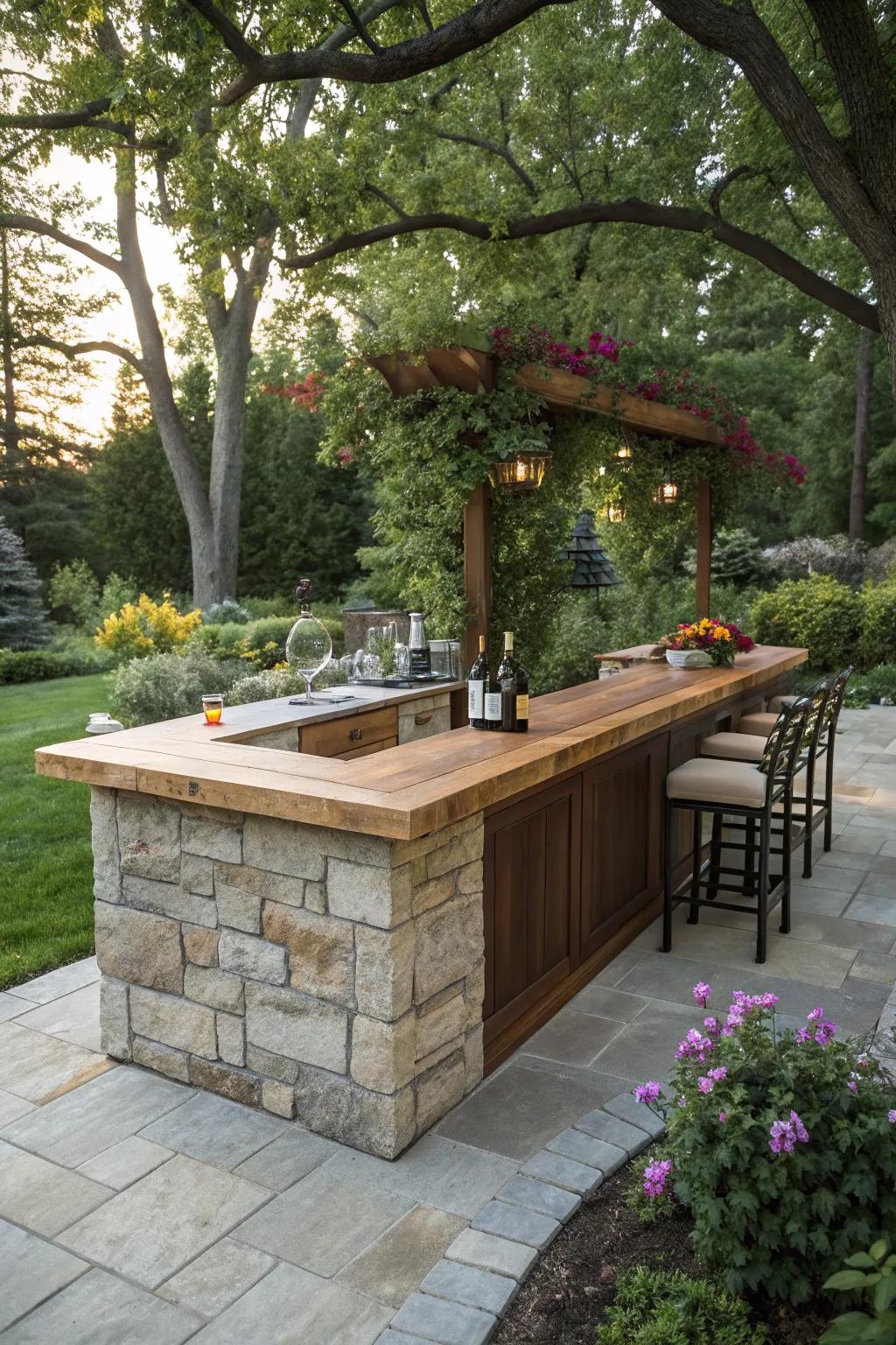 A striking blend of stone and timber creates a harmonious outdoor bar setting.