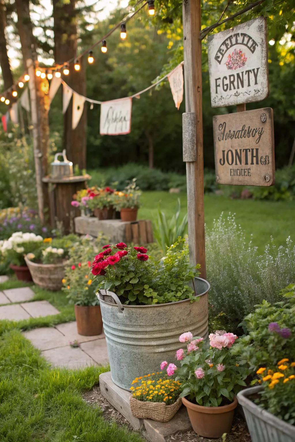 Vintage signs and buckets add nostalgic charm.