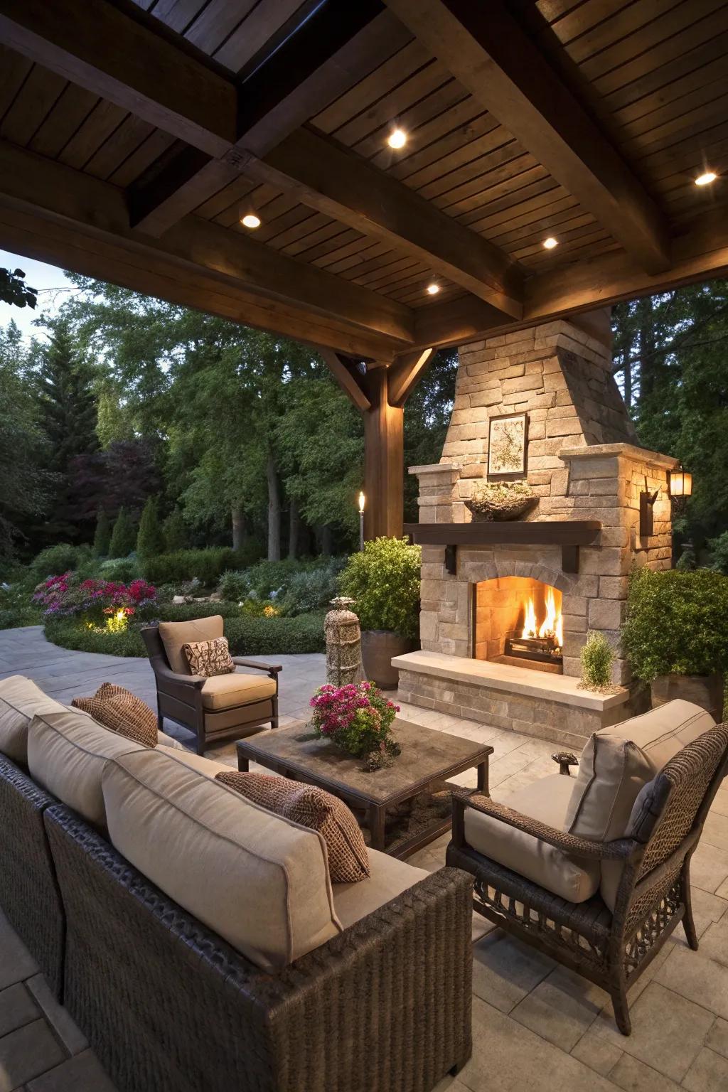 An inviting outdoor living room with a central fireplace and comfortable seating.