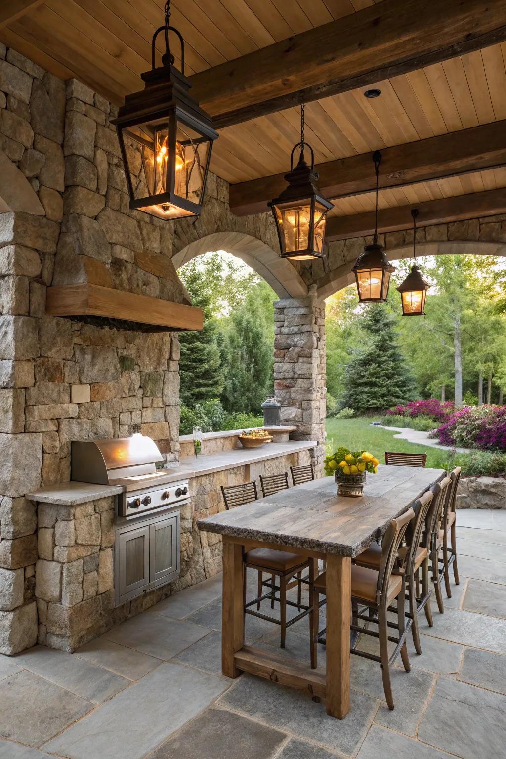 Stone accents add a natural and durable touch to the kitchen.
