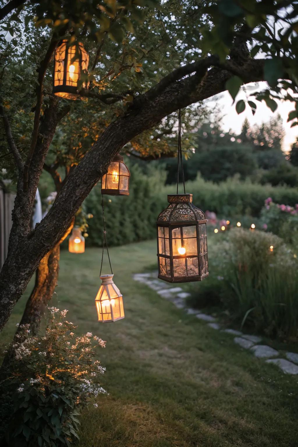 Rustic lanterns adding old-world charm to a garden.