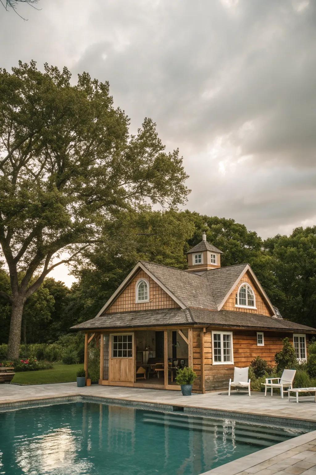 Gabled roofs add classic charm to rustic pool houses.