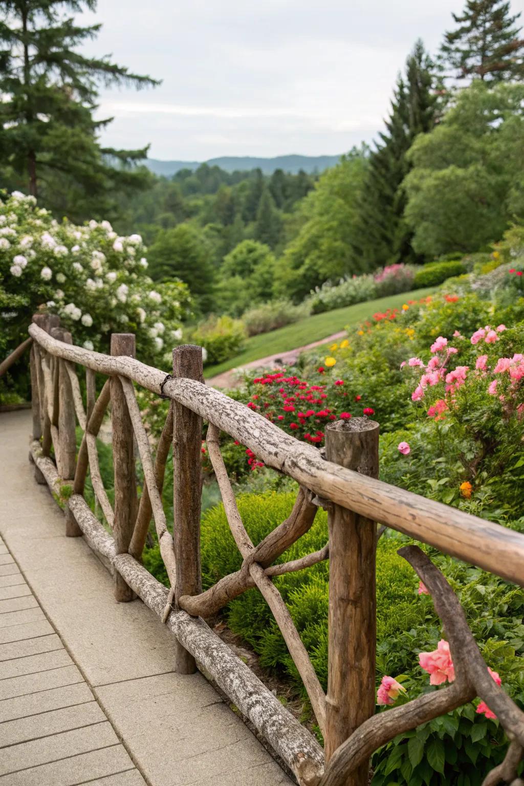 A branch and log railing adds an organic touch to any outdoor space.