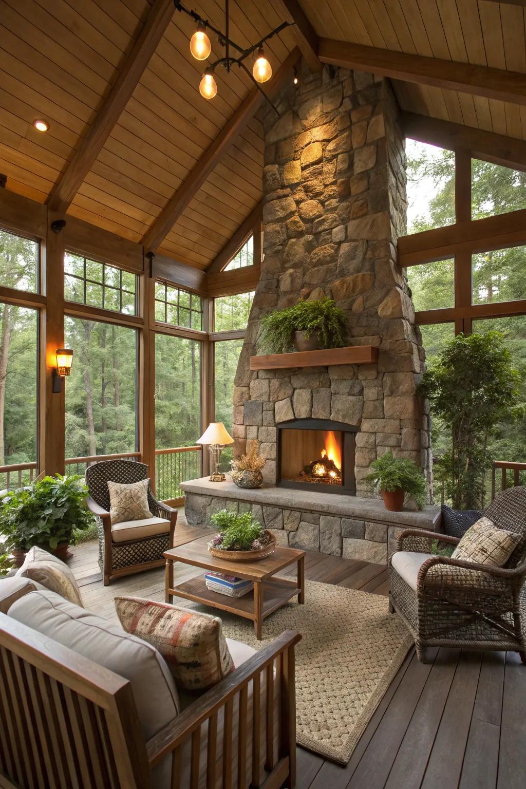 The stone fireplace serves as a focal point for cozy gatherings.