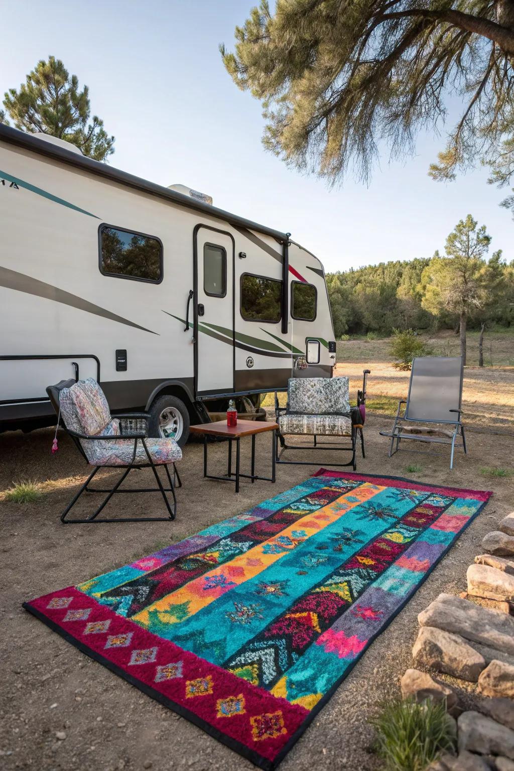 Outdoor rugs add color and comfort to your RV space.