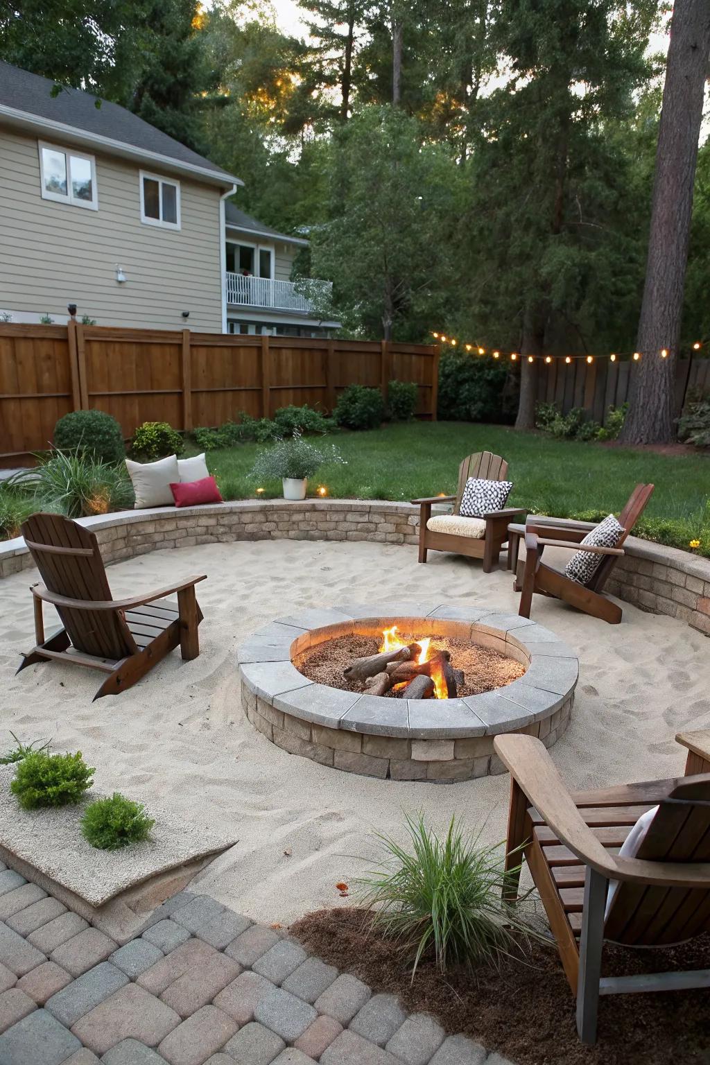 Gather around a warm fire with sand enhancing the atmosphere.
