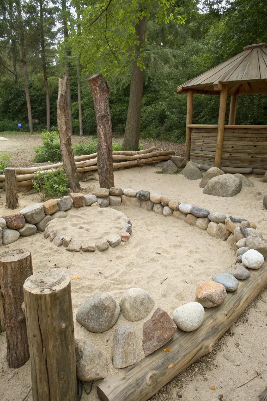 A nature-inspired sand pit with logs and stones.