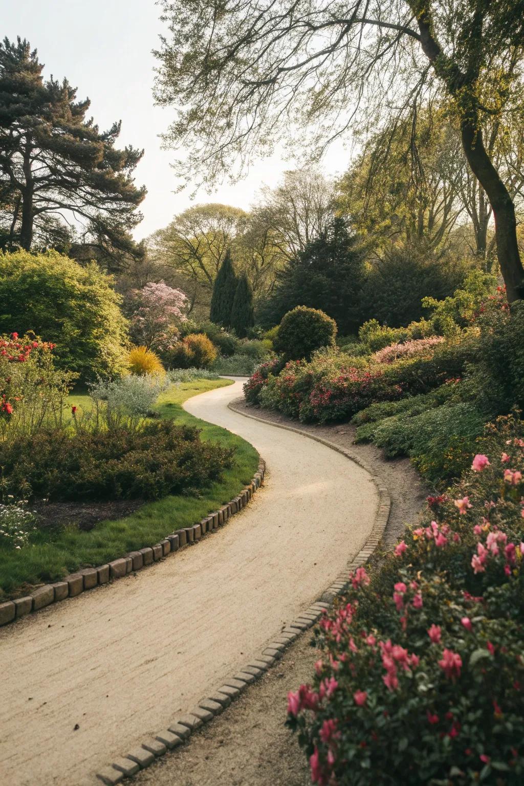 Curved sand path creating a natural, flowing garden walkway.