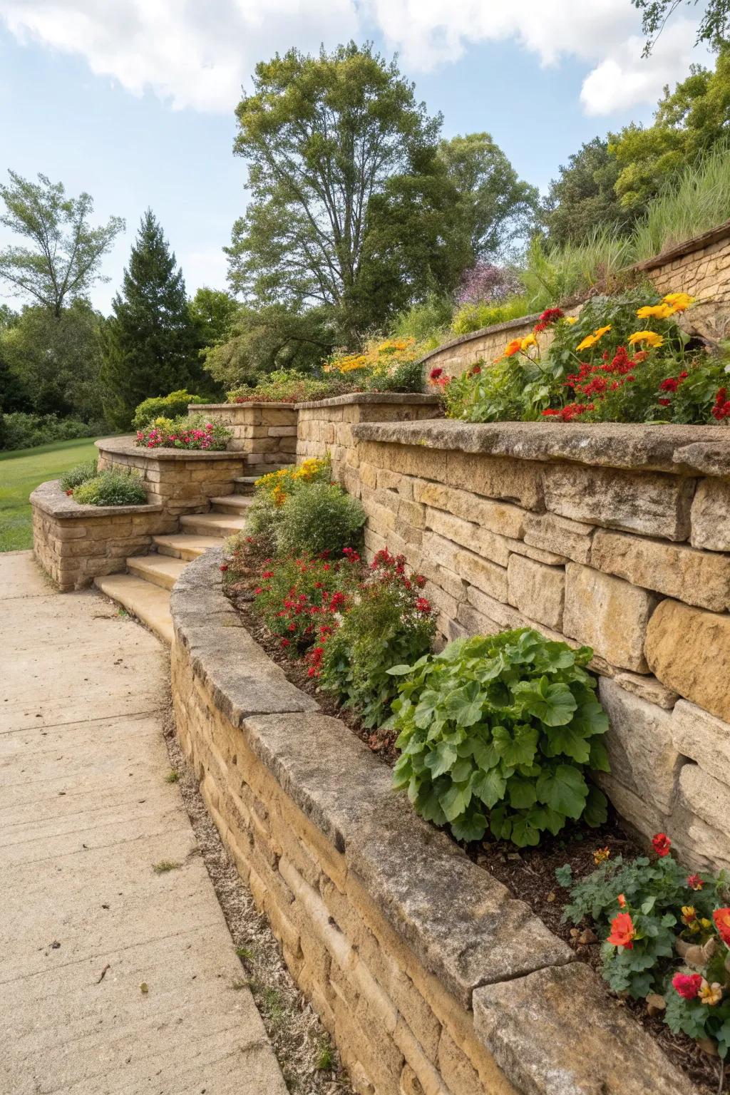 Rustic sandstone retaining wall terracing a garden.