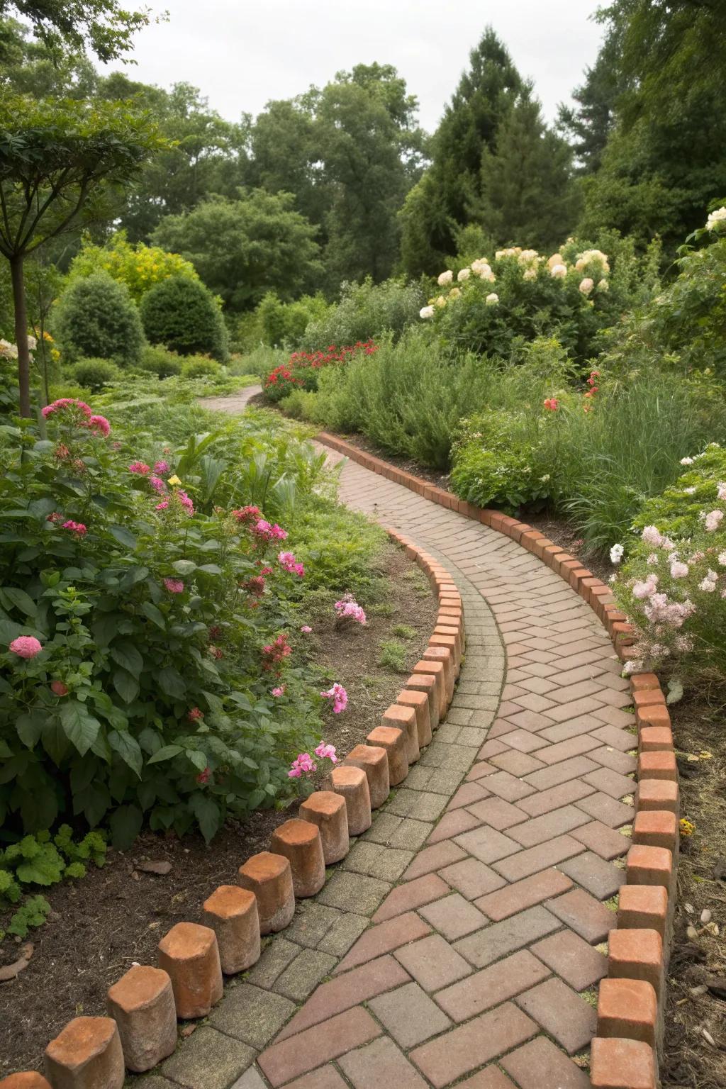 Inviting garden pathway with scalloped brick edging.