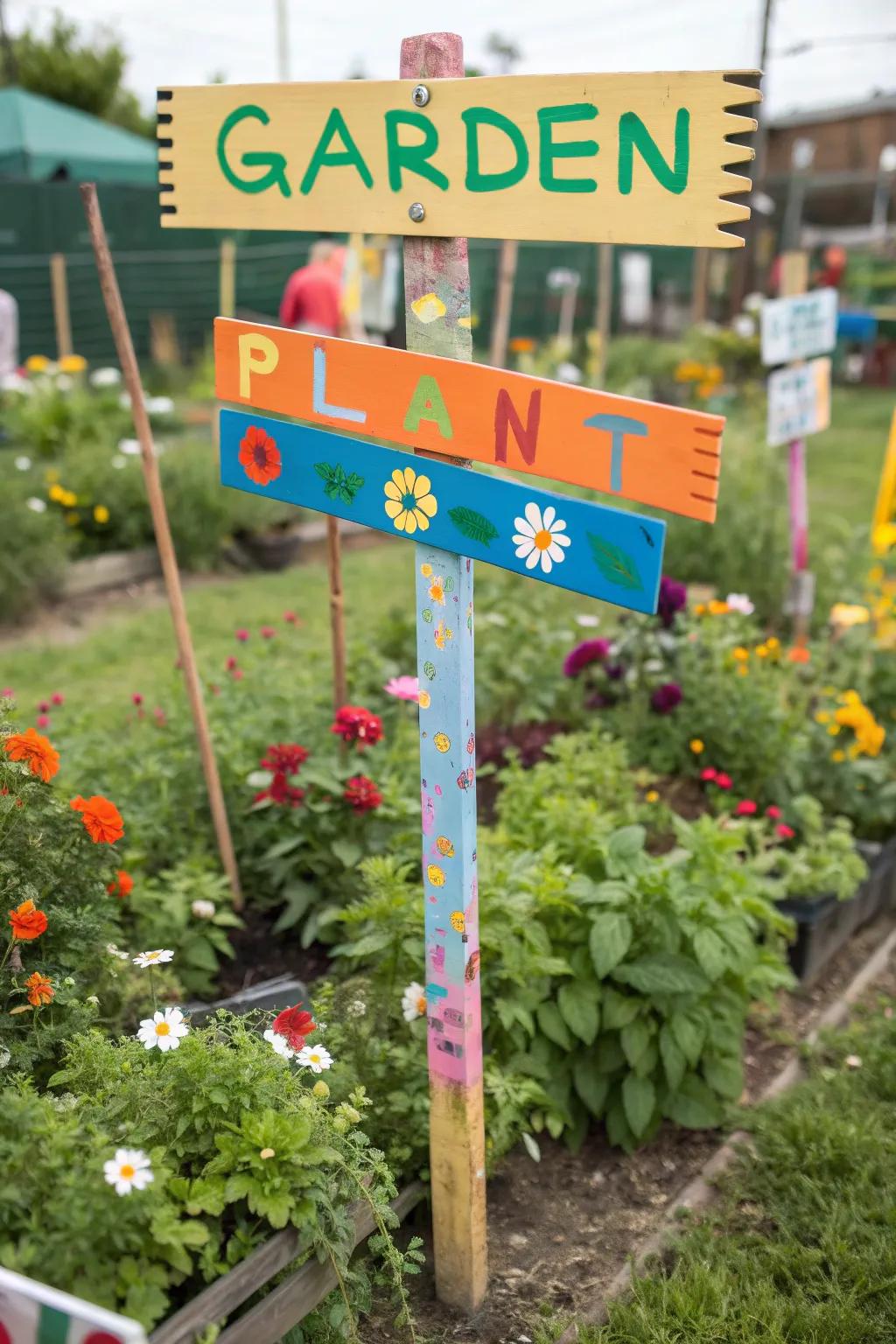 Colorful signs crafted by students, adding personality and educational value to the school garden.