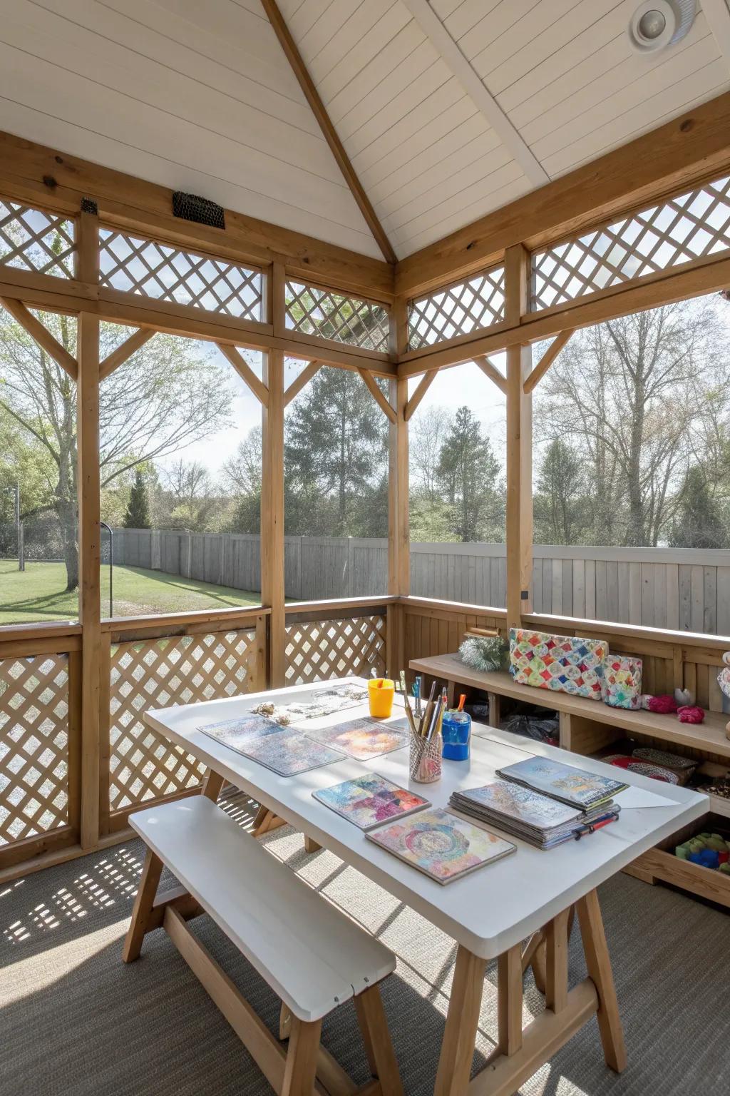 A creative craft corner in a screened carport.