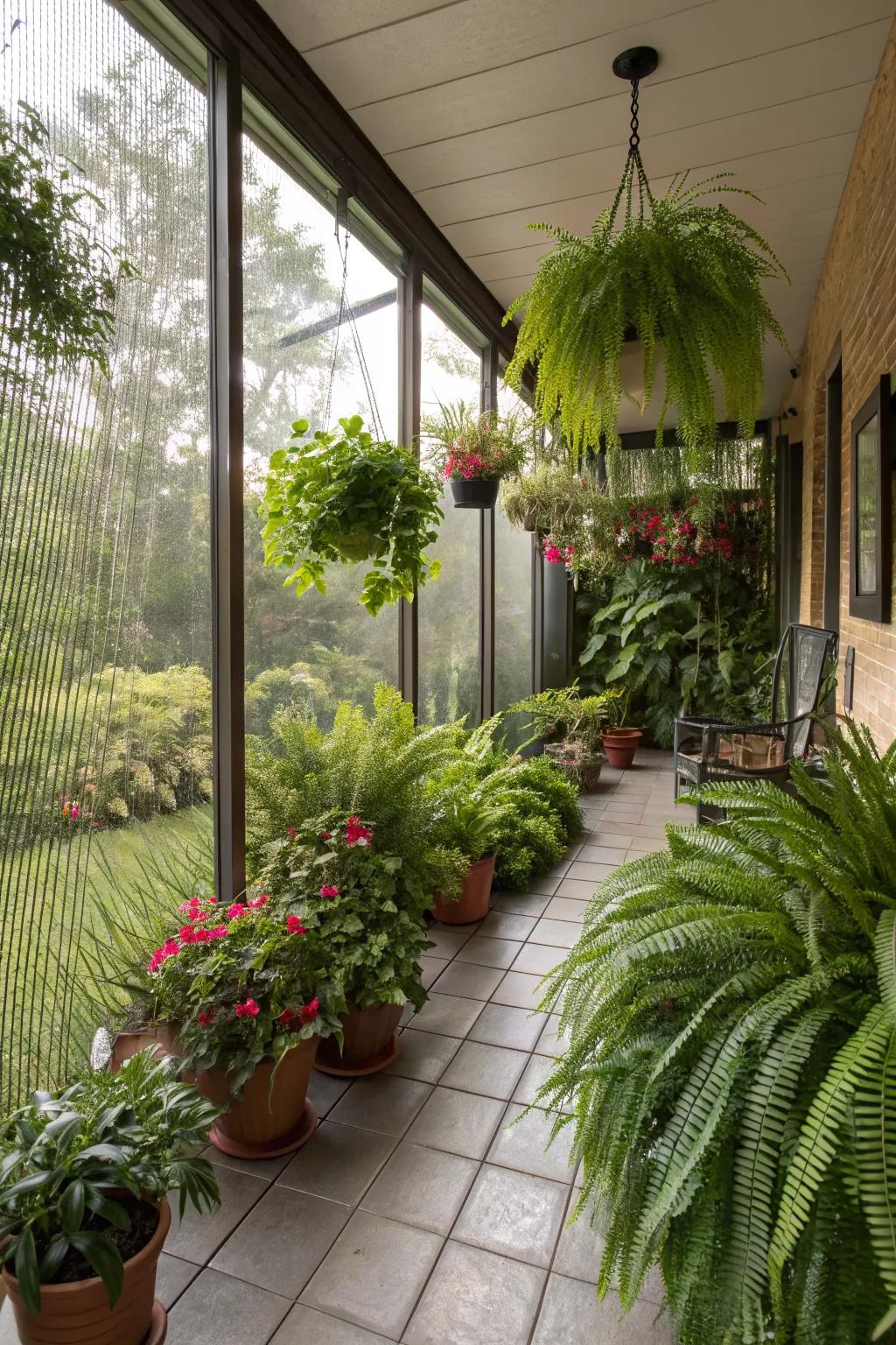Potted plants and greenery bring a refreshing touch to any screened-in patio.