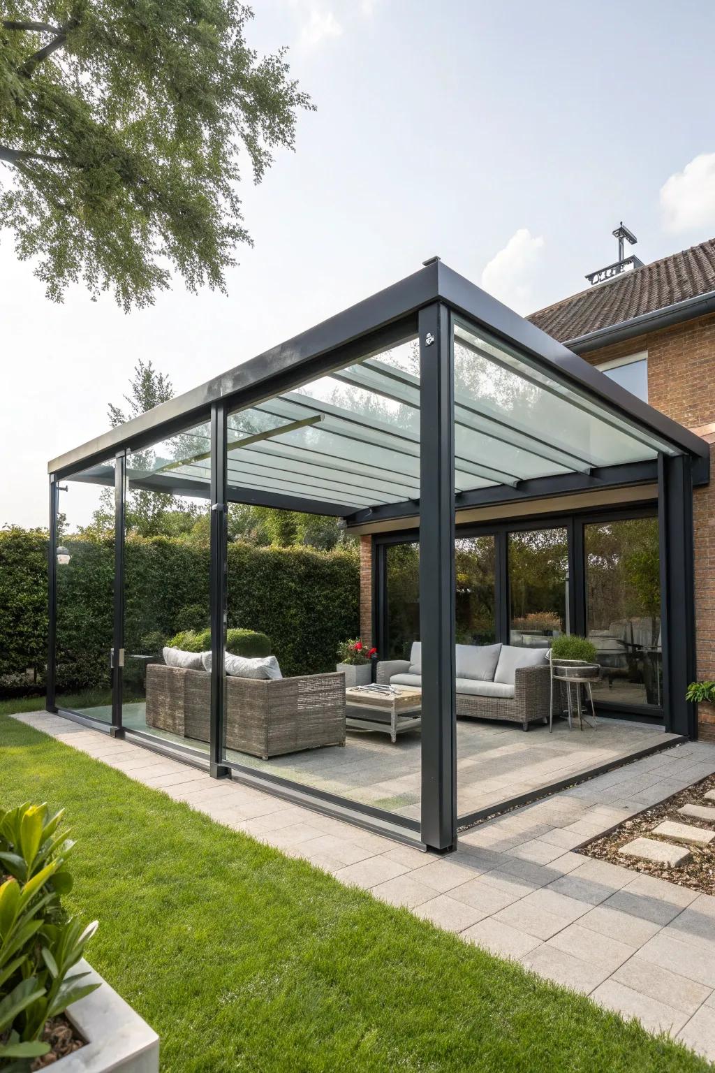Modern elegance with a sleek metal and glass screened-in pergola.