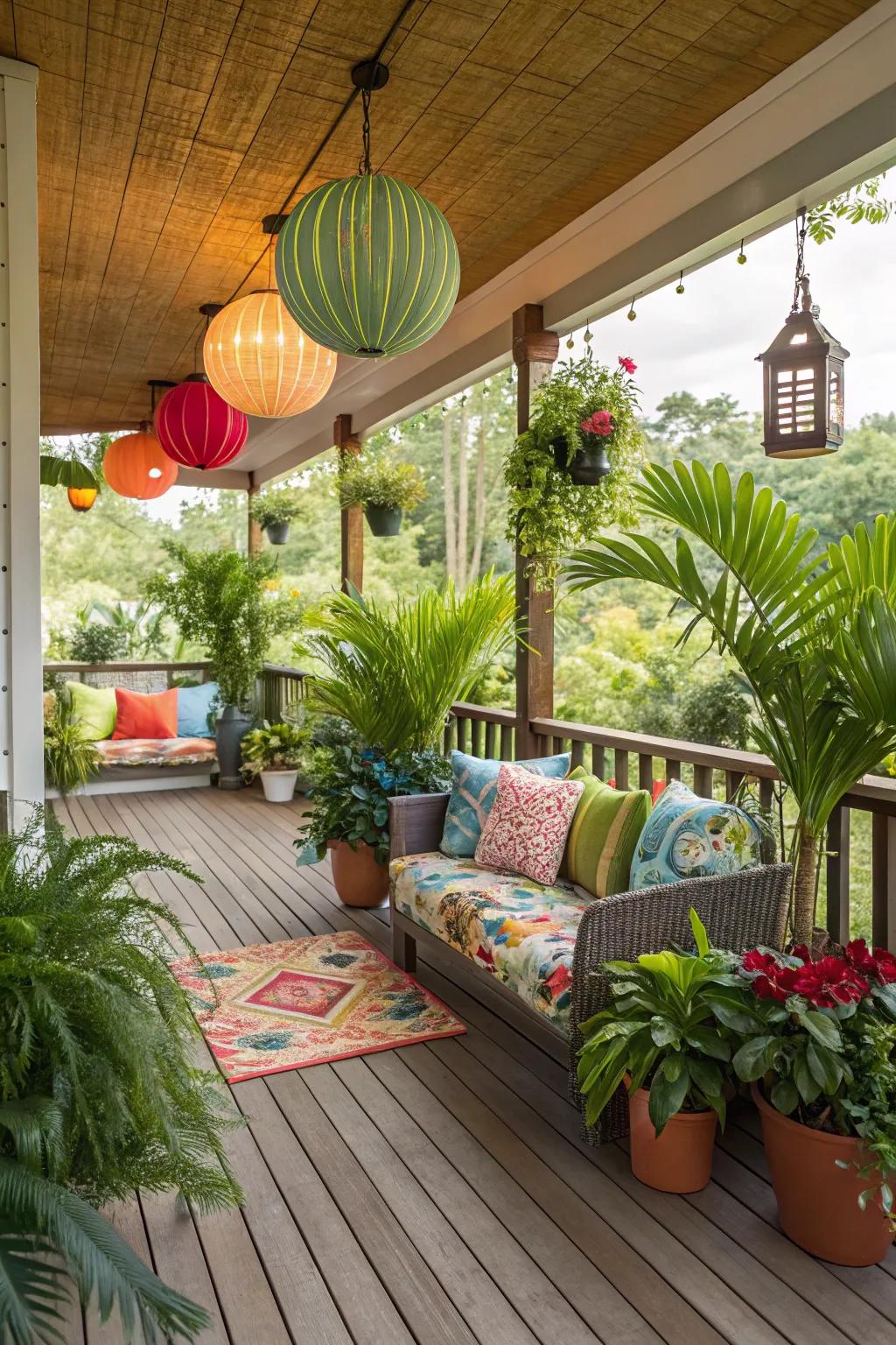 A tropical-themed screened-in porch filled with lush greenery and vibrant decor.