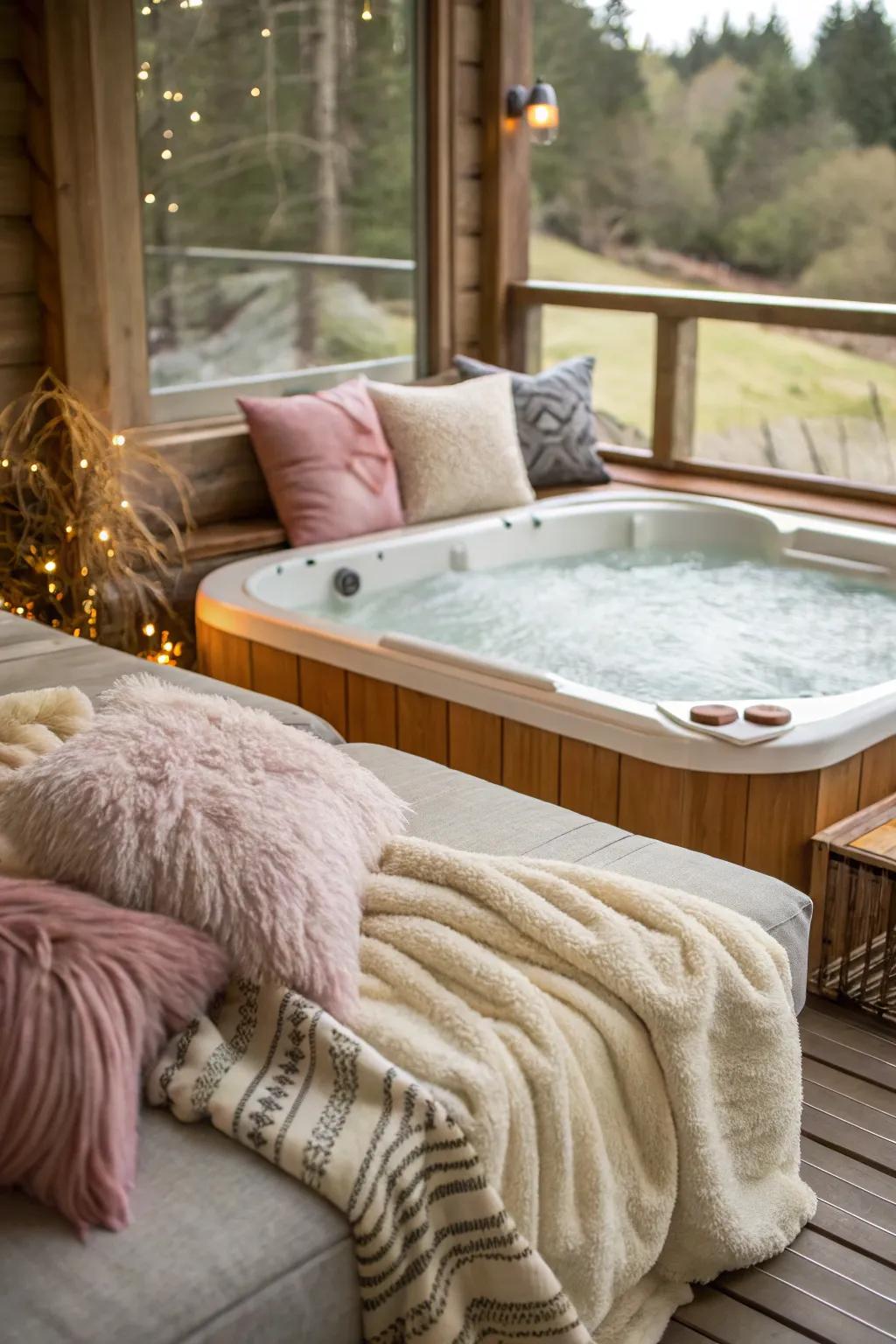 A cozy hot tub nook with inviting throws and pillows.