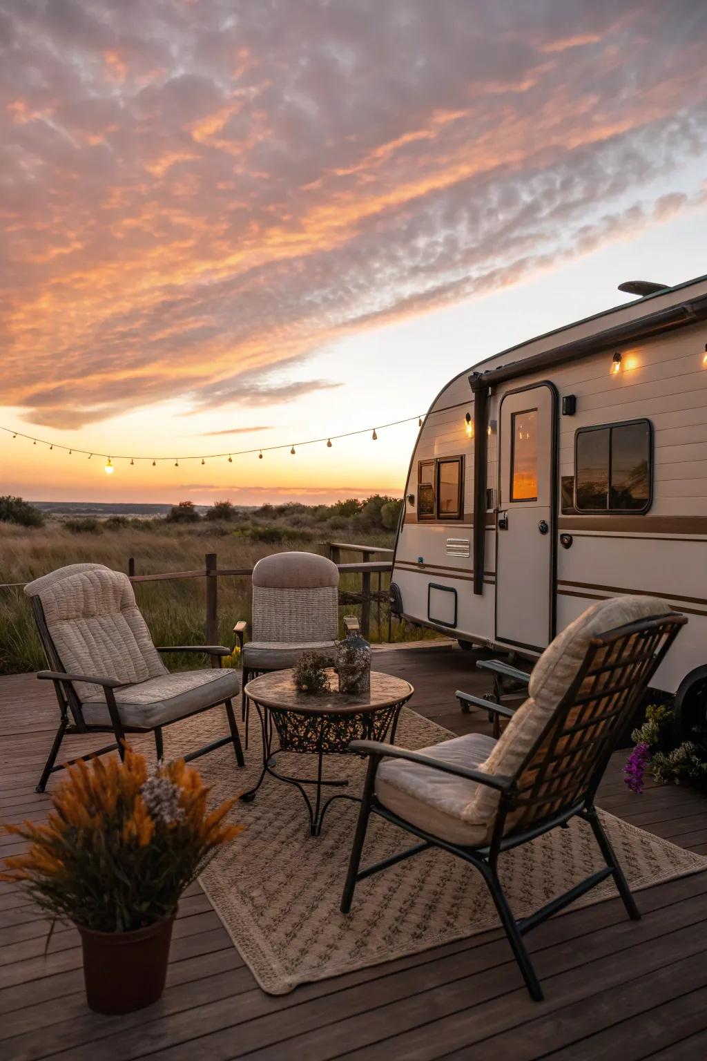 A cozy seating area on a camper deck, perfect for enjoying the sunset.