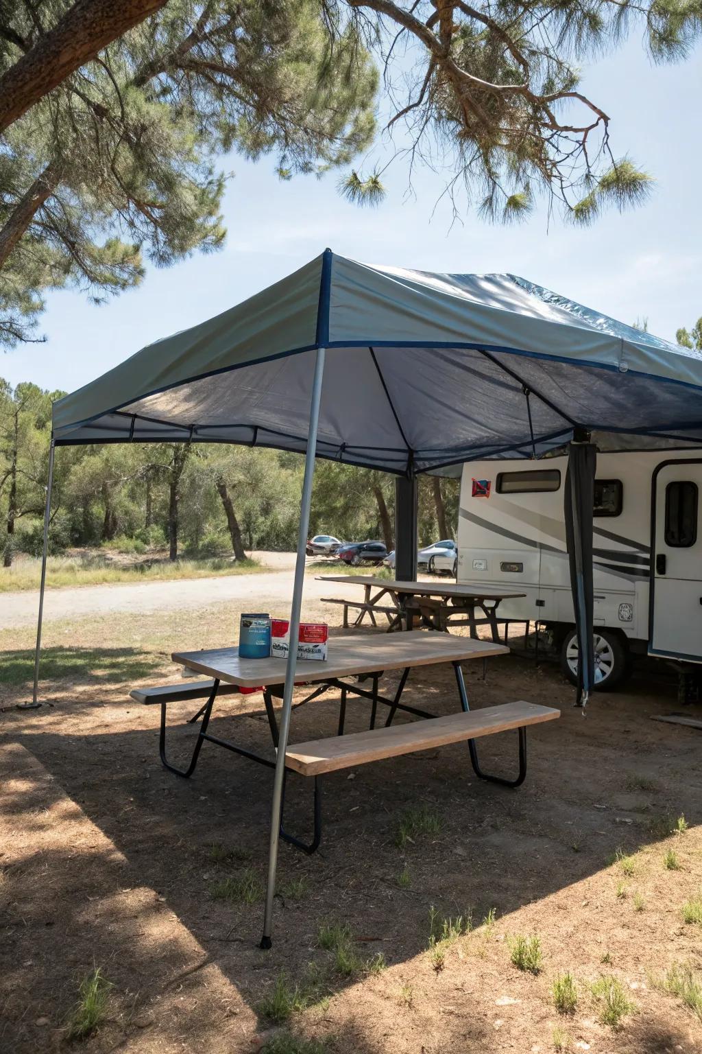 A practical canopy setup for shade at a campsite.
