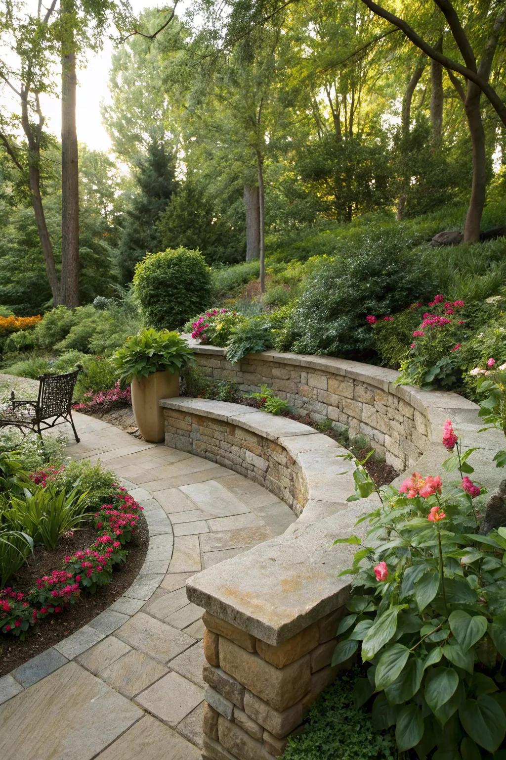 Curved seating wall offering a cozy garden nook.