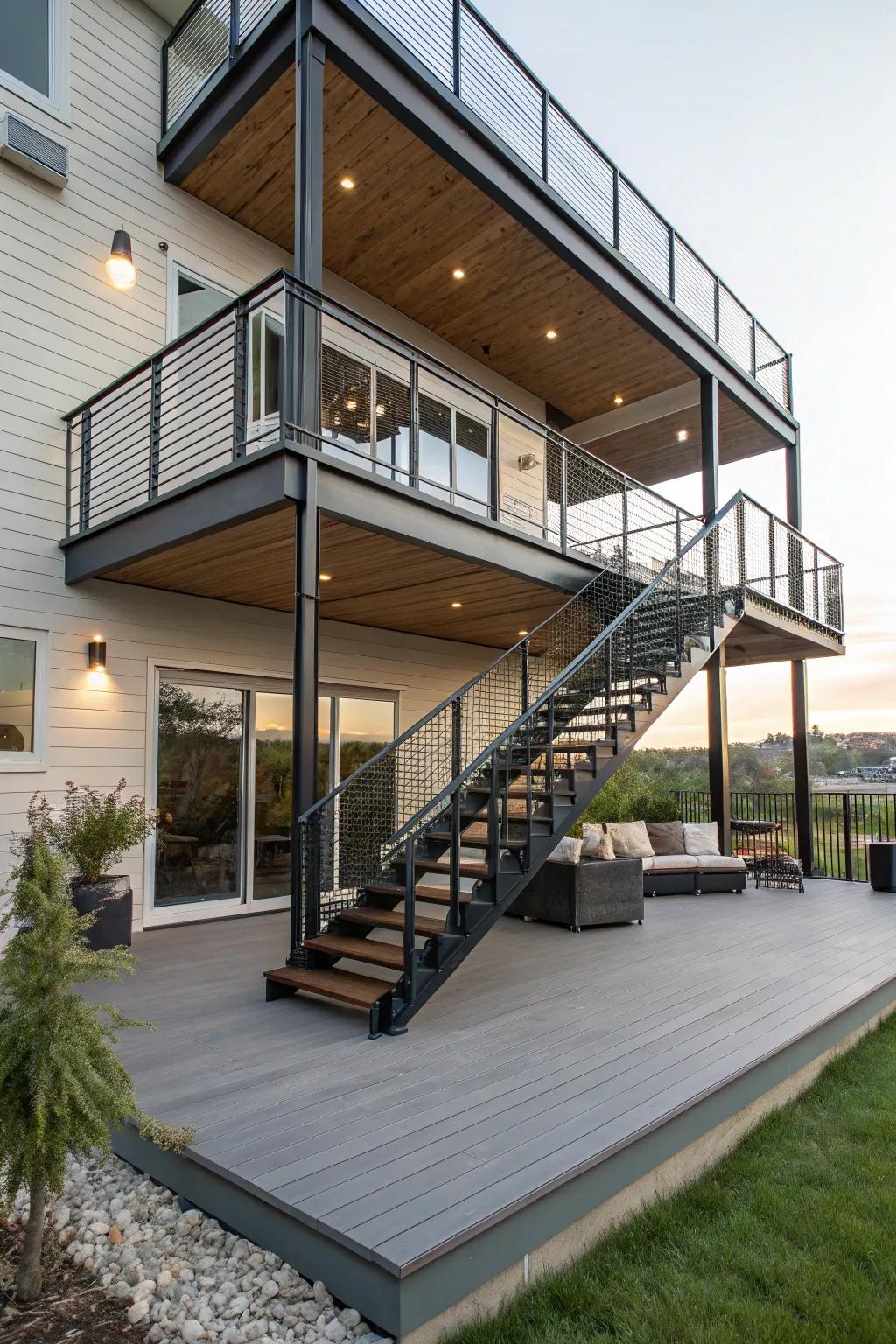 A modern second-story deck with minimalist floating stairs.