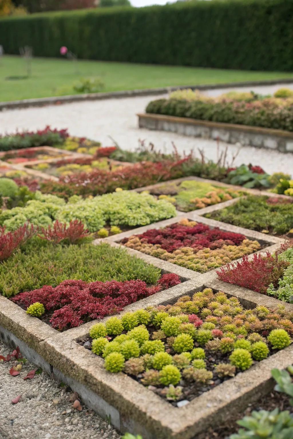 Geometric patterns created with colorful sedum varieties.