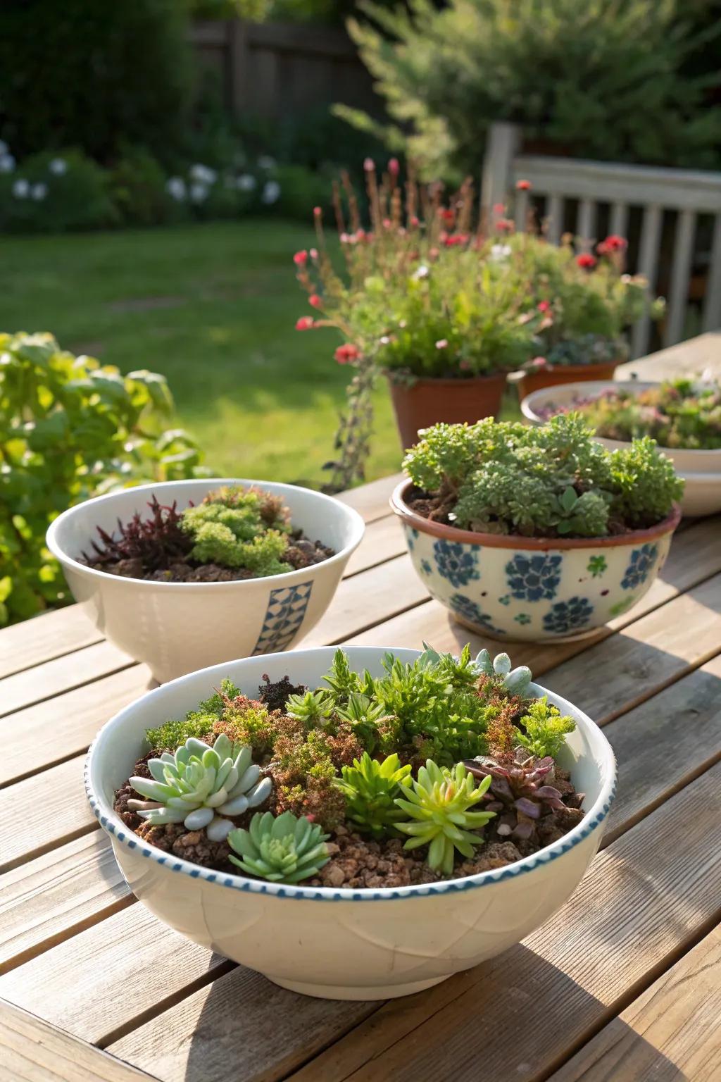 Repurposed bowls make delightful and unique sedum planters.