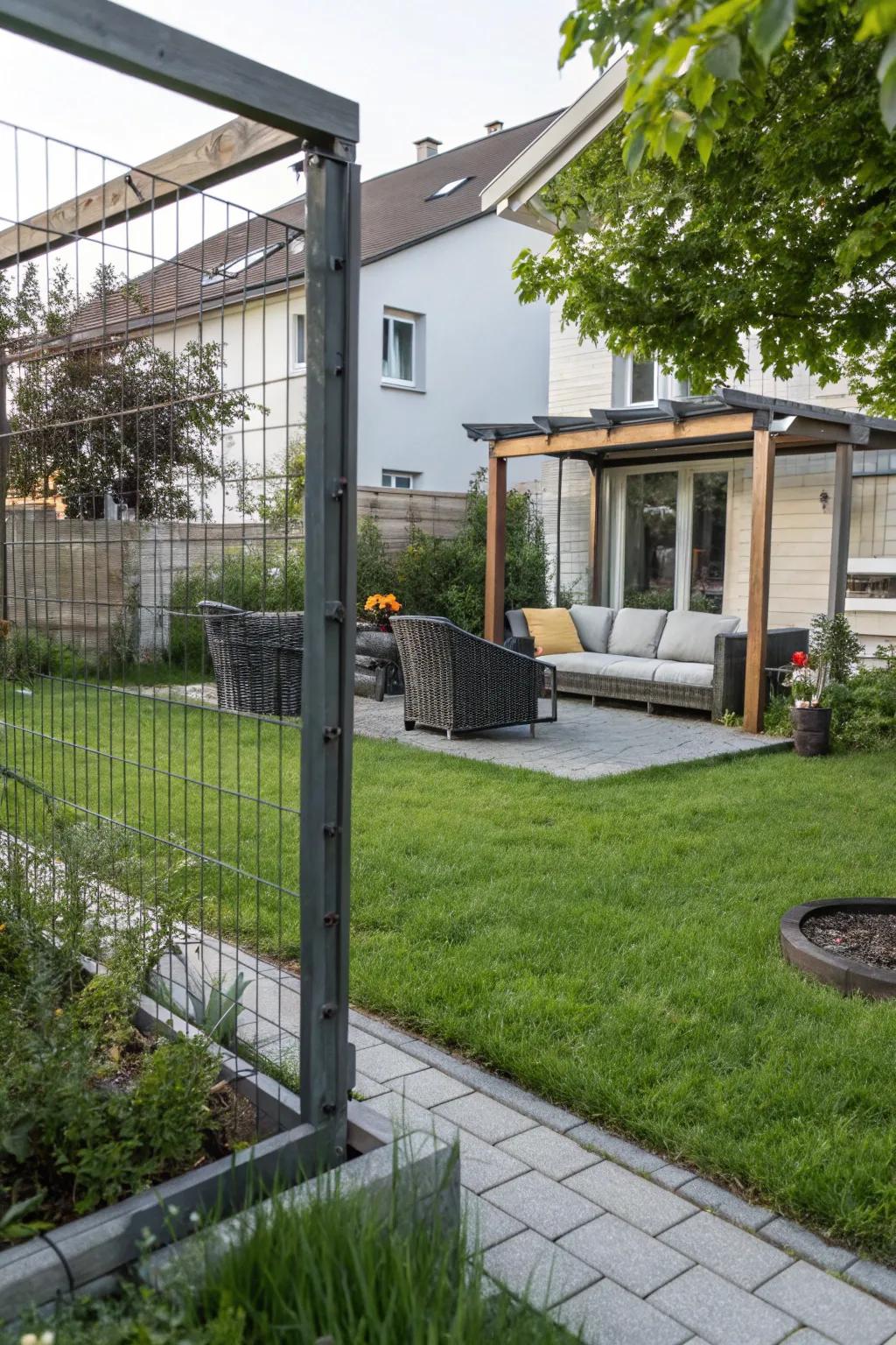 A metal and wire mesh fence creating an industrial look.
