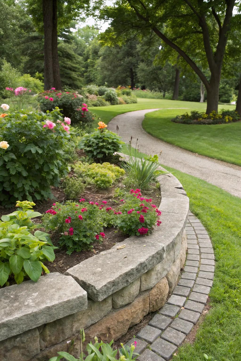 Stone edging enhances the rustic charm of a semi-circle flower bed.
