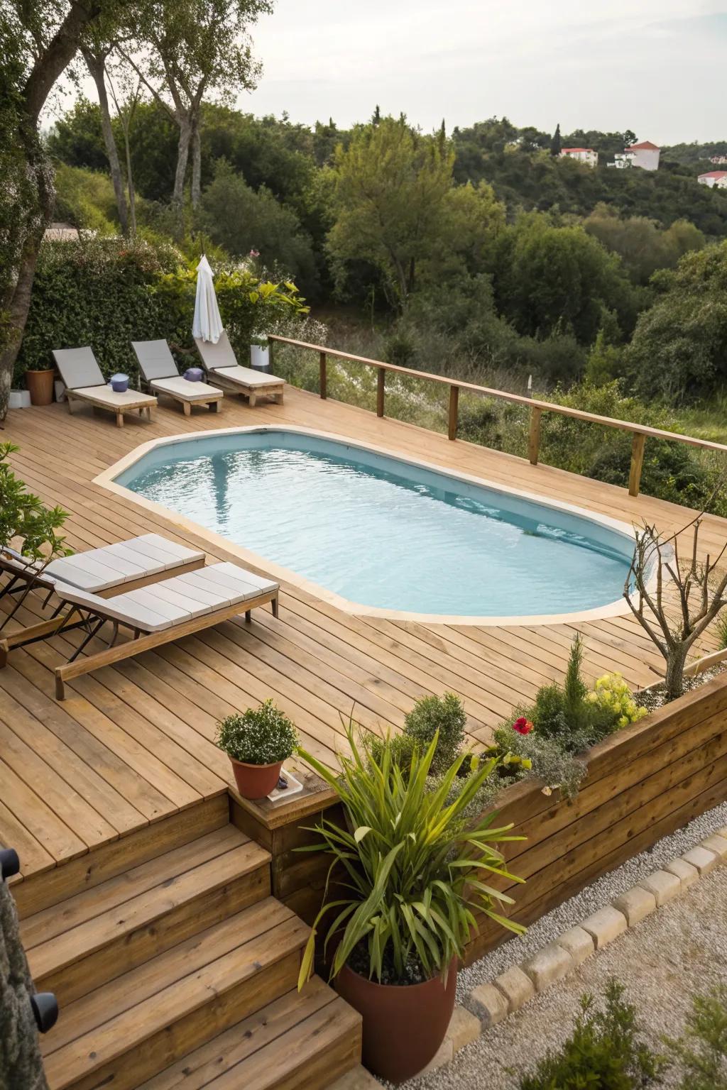 A cozy wooden deck around a semi inground pool, perfect for relaxation.