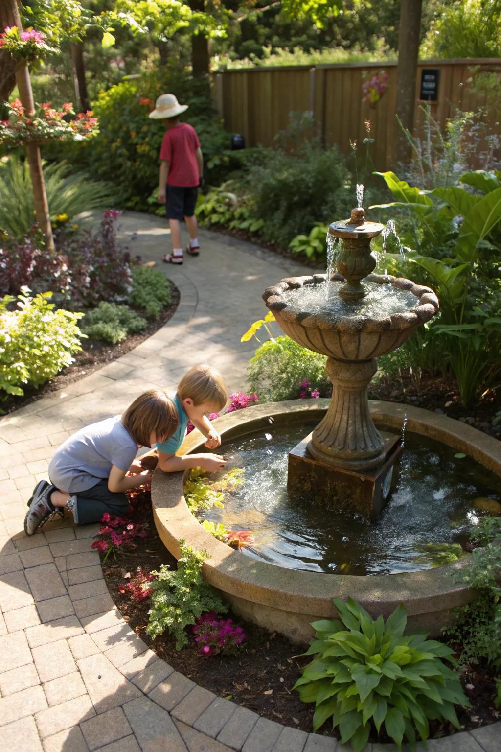 A charming water fountain adds soothing sounds to the sensory garden.
