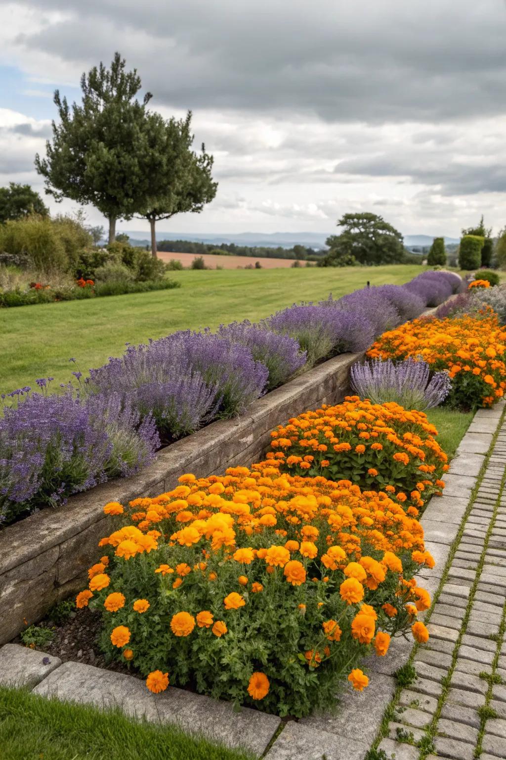 A colorful mix of marigolds and lavender enhancing visual appeal.