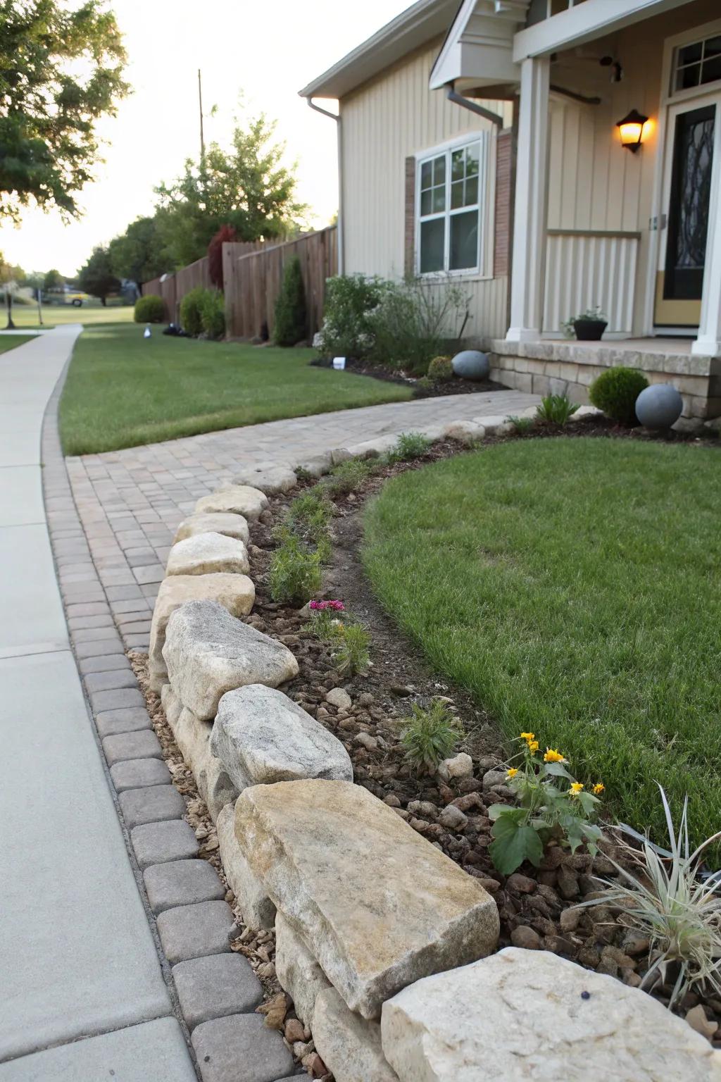 Rustic stone edging defining the front yard boundary.