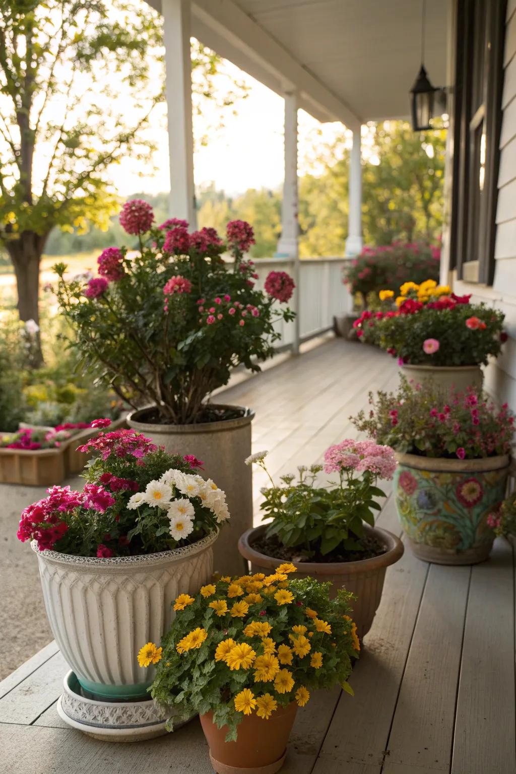 Florals in diverse pots add color and charm to any shabby chic porch.