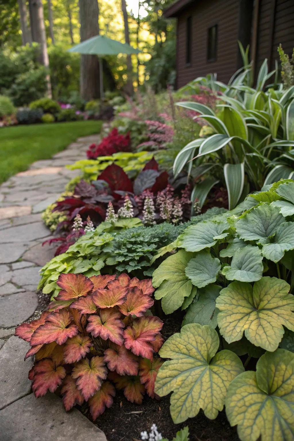 Vibrant foliage adds life to a shaded garden area.