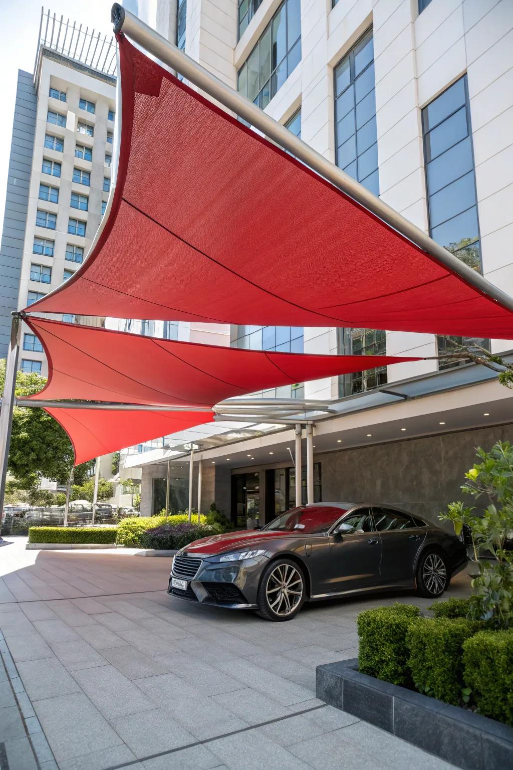 Red shade sails make a bold and eye-catching statement.
