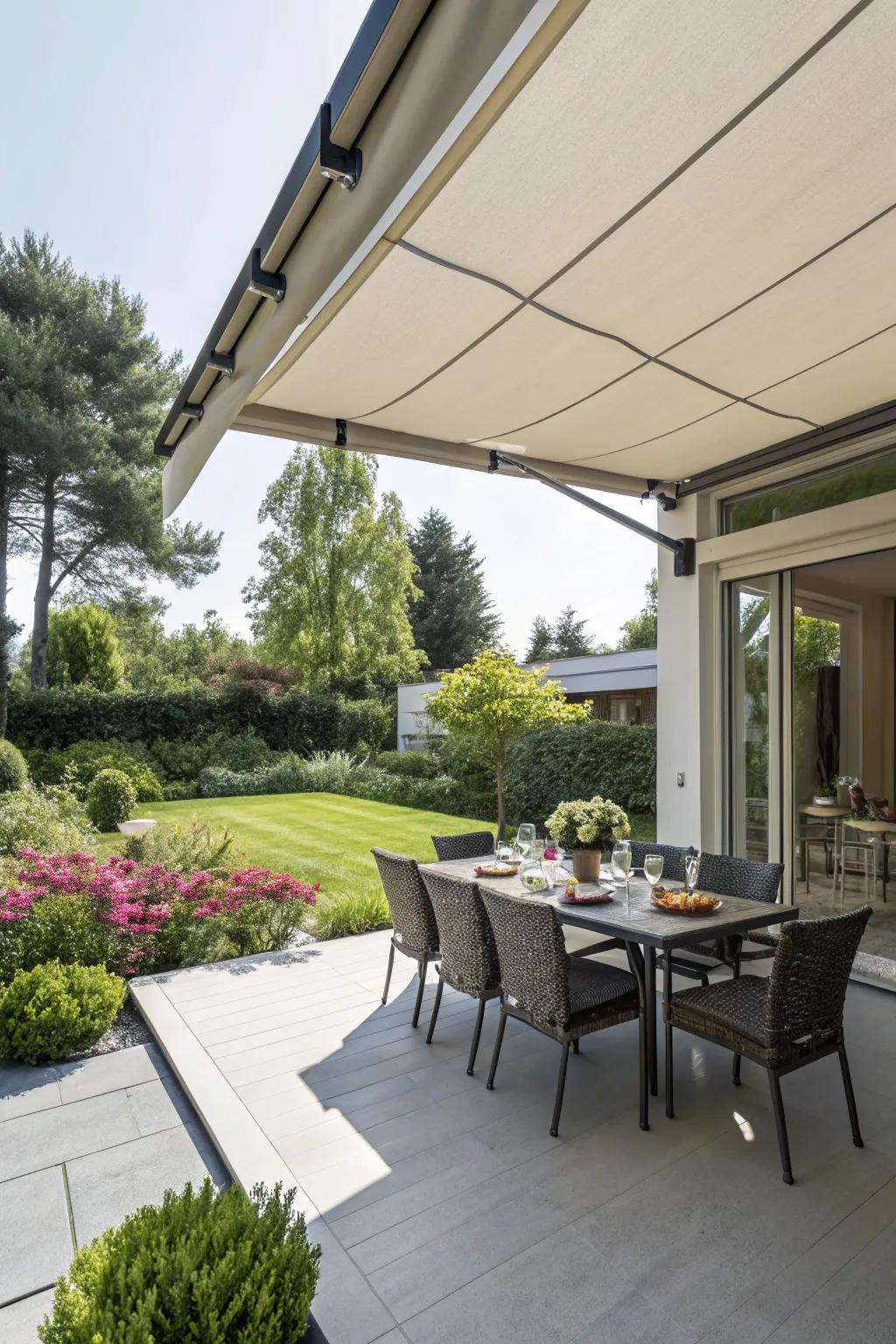 Retractable awnings provide adjustable shade, perfect for any outdoor occasion.