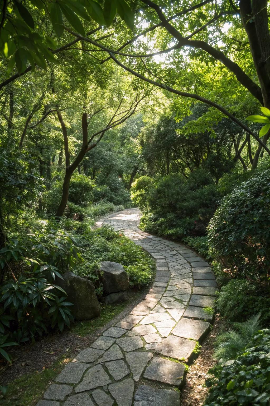 A charming stone path invites exploration through the garden.